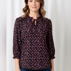 Women’s Petite Black Blouse – Pink Polka Dot Print Women’s Top (Size PS)
